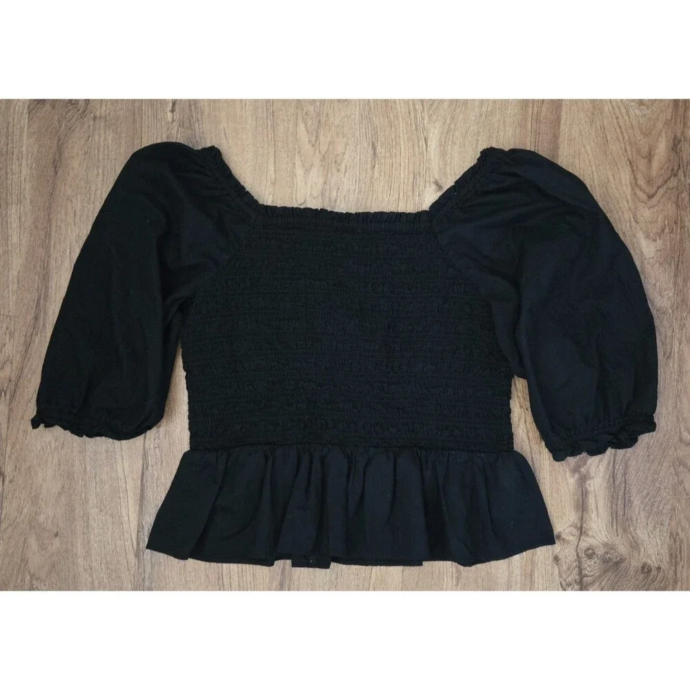 LOFT Womens Small Black Smocked Peplum Puff Sleeve Square Neck Blouse‎